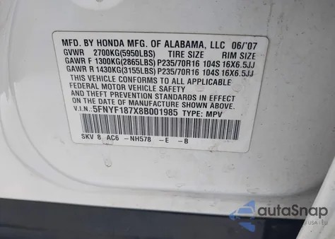 2008 Honda Pilot Ex-L from USA, damaged, VIN 5FNYF187X8B001985